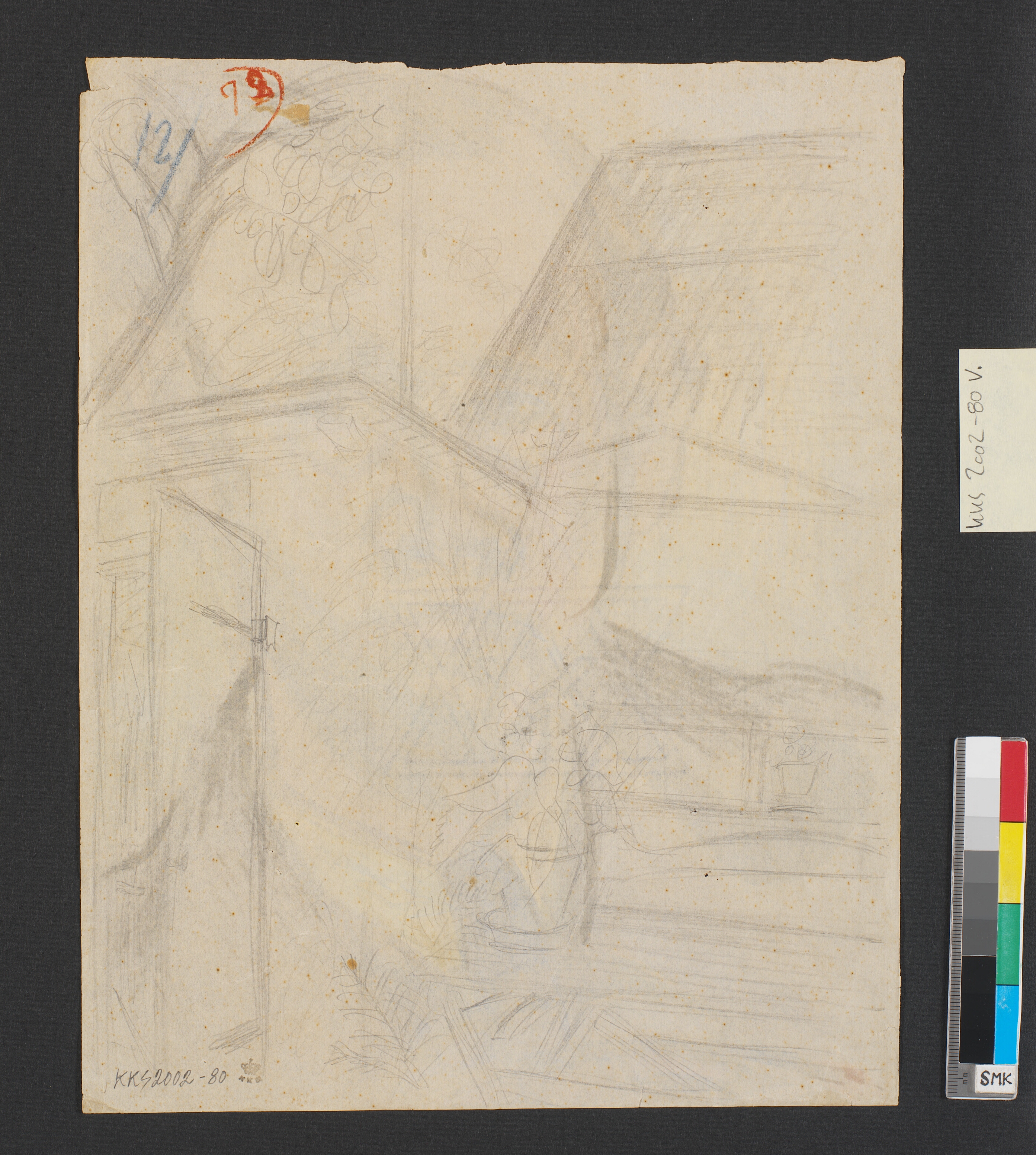 Skitse af en have med husfacader i baggrunden